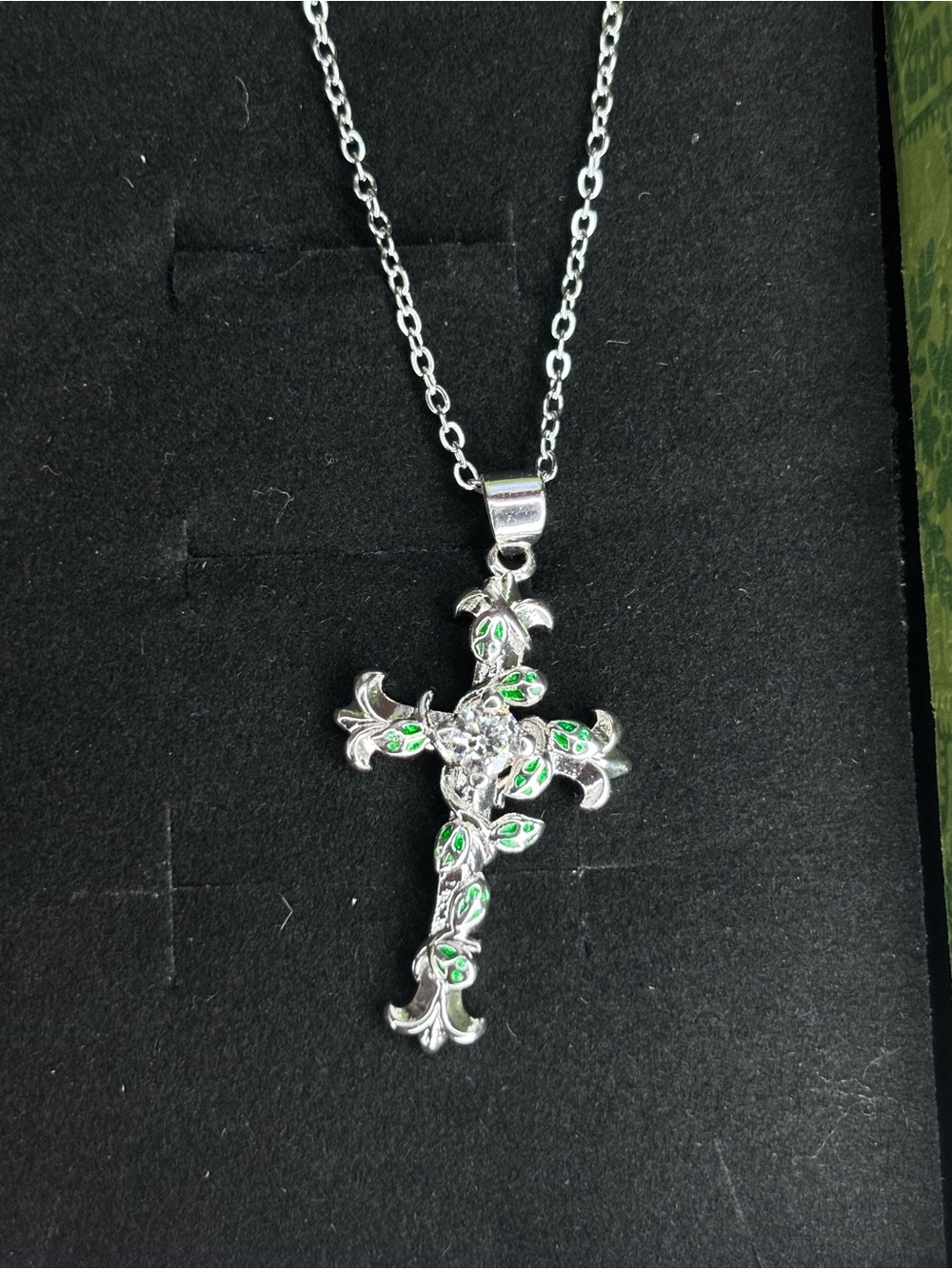 Silver Cross Pendant Necklace with Green Accents - moissanite